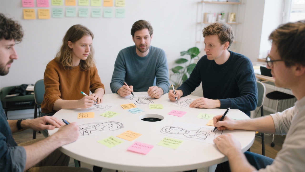 Small group of founders participating in brand sprint activity, sketching customer personas and messaging pillars around roundtable in bright collaborative studio.
