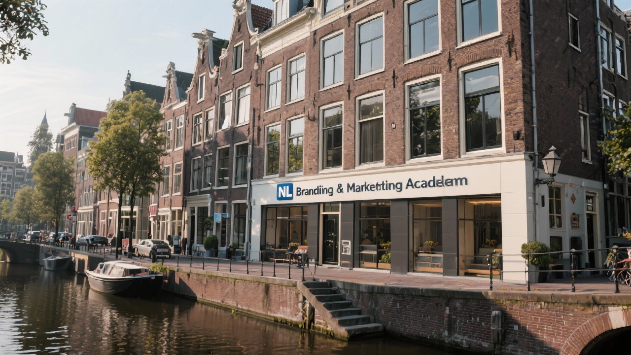 Historic canal-side building in Amsterdam with modern signage representing NL Branding & Marketing Academy headquarters, reflecting blend of heritage and contemporary design.