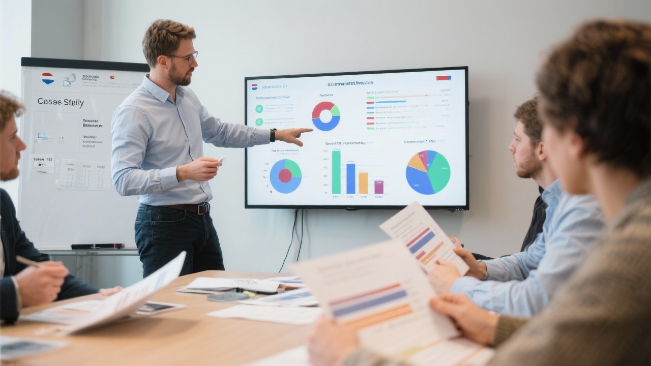 Facilitator reviewing Dutch consumer research data visualizations on large monitor while participants compare survey insights and brand perception indexes during case study lab.