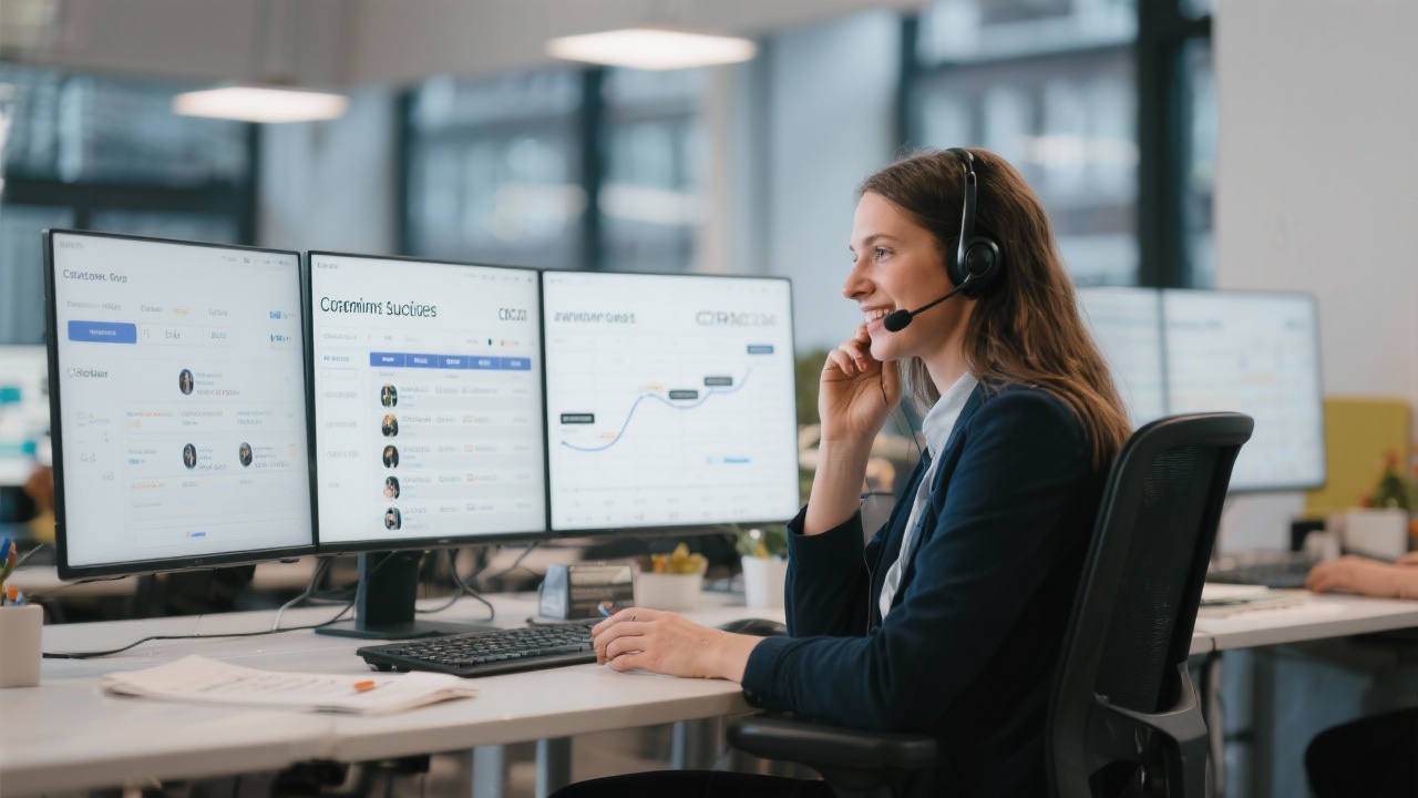 Customer success specialist at Amsterdam office talking on headset while monitoring CRM timeline and scheduling follow-up sessions for branding academy participants.