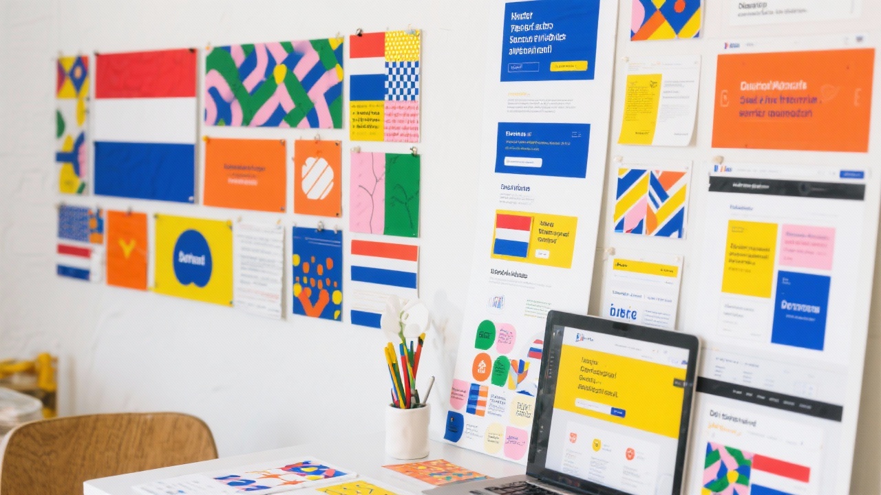 Design strategist arranging colourful brand identity mood boards beside responsive web layouts to demonstrate integrated visual identity execution for Dutch small business audience.