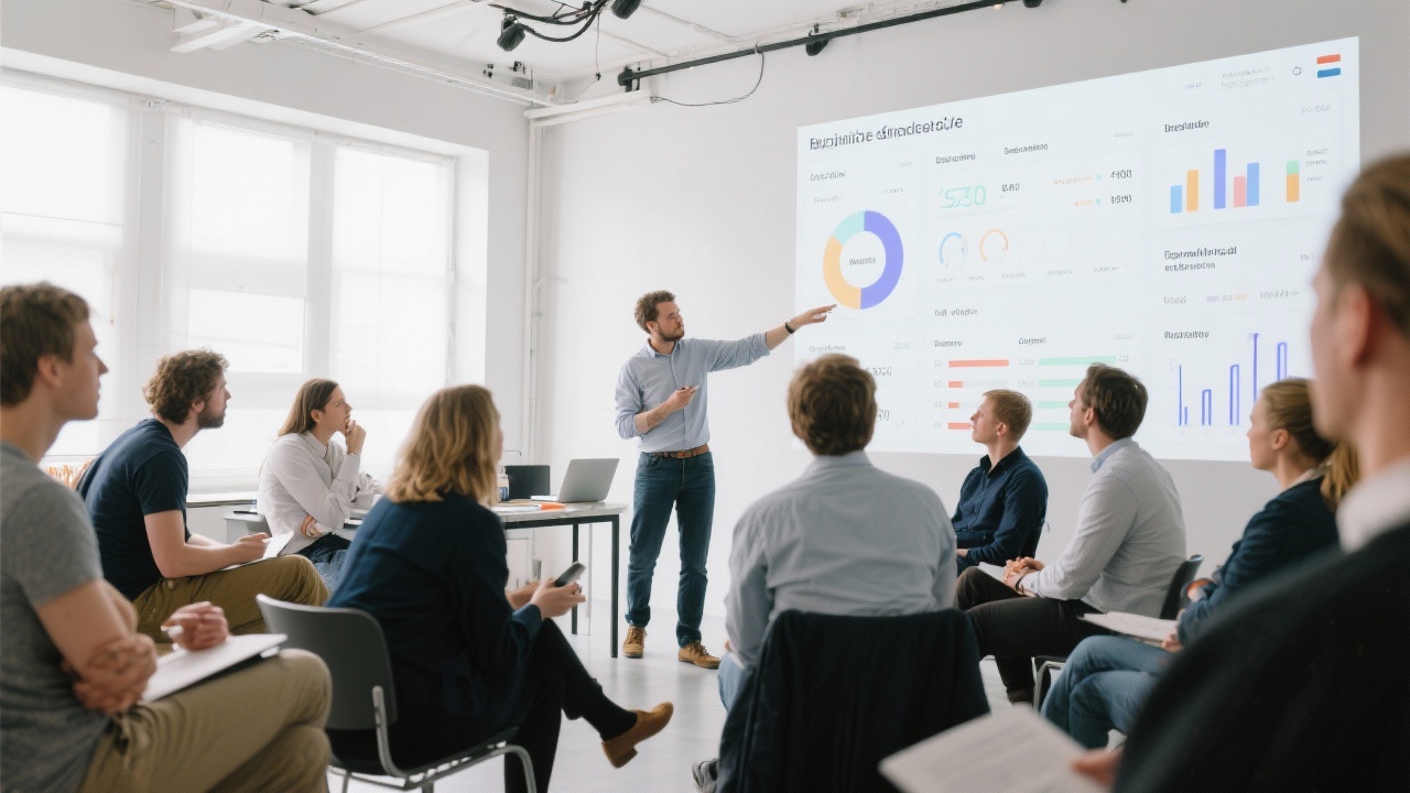 Creative director presenting branding dashboards to Dutch entrepreneurs during interactive training session with large projected metrics and collaborative discussions in bright studio.