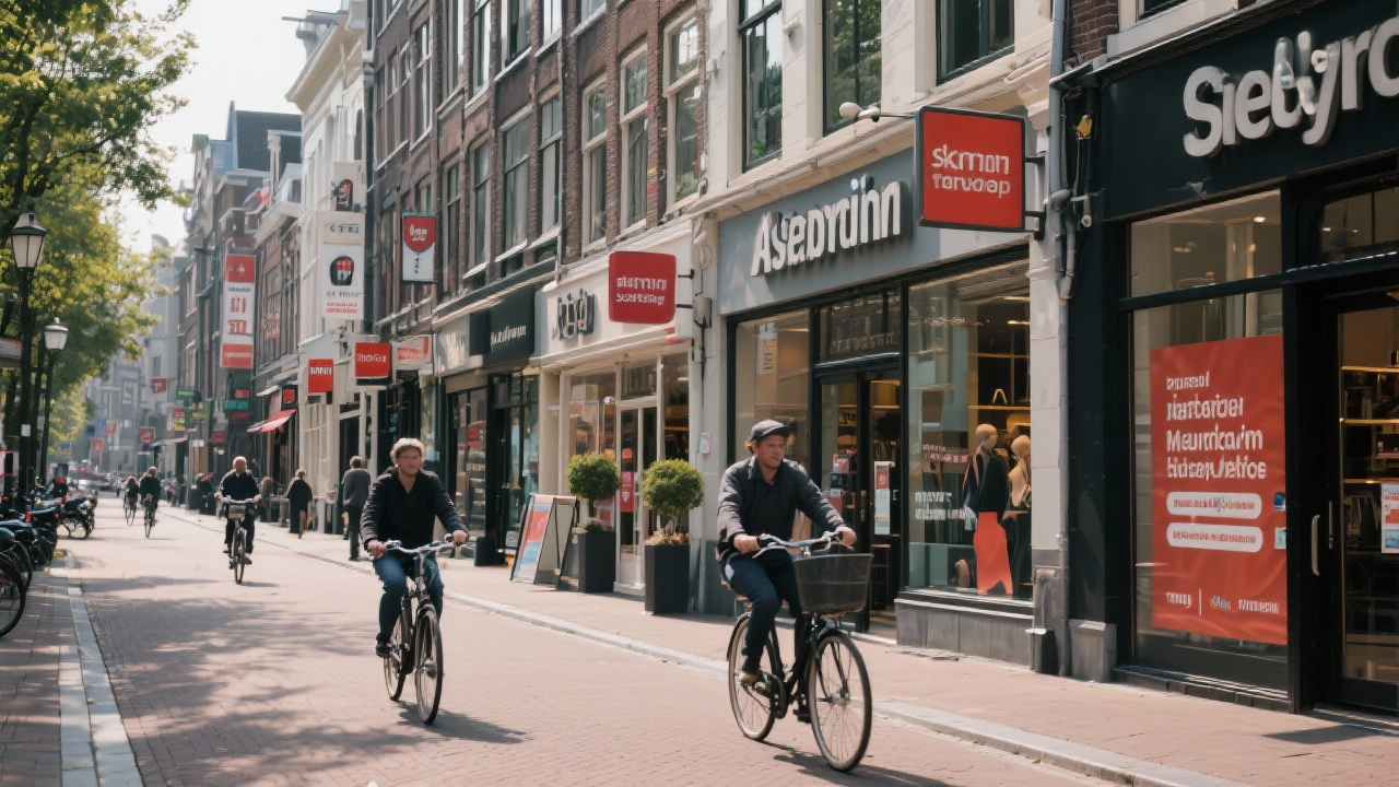 Street-level view of Amsterdam retail corridor with cyclists passing localized store signage illustrating practical context for tailoring local marketing campaigns in the Netherlands.