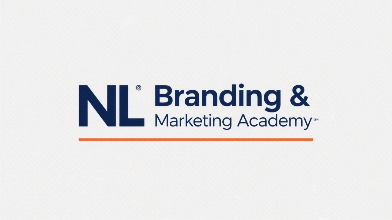 Minimalistic wordmark logo reading NL Branding & Marketing Academy with subtle navy typography and orange accent underline for professional identity
