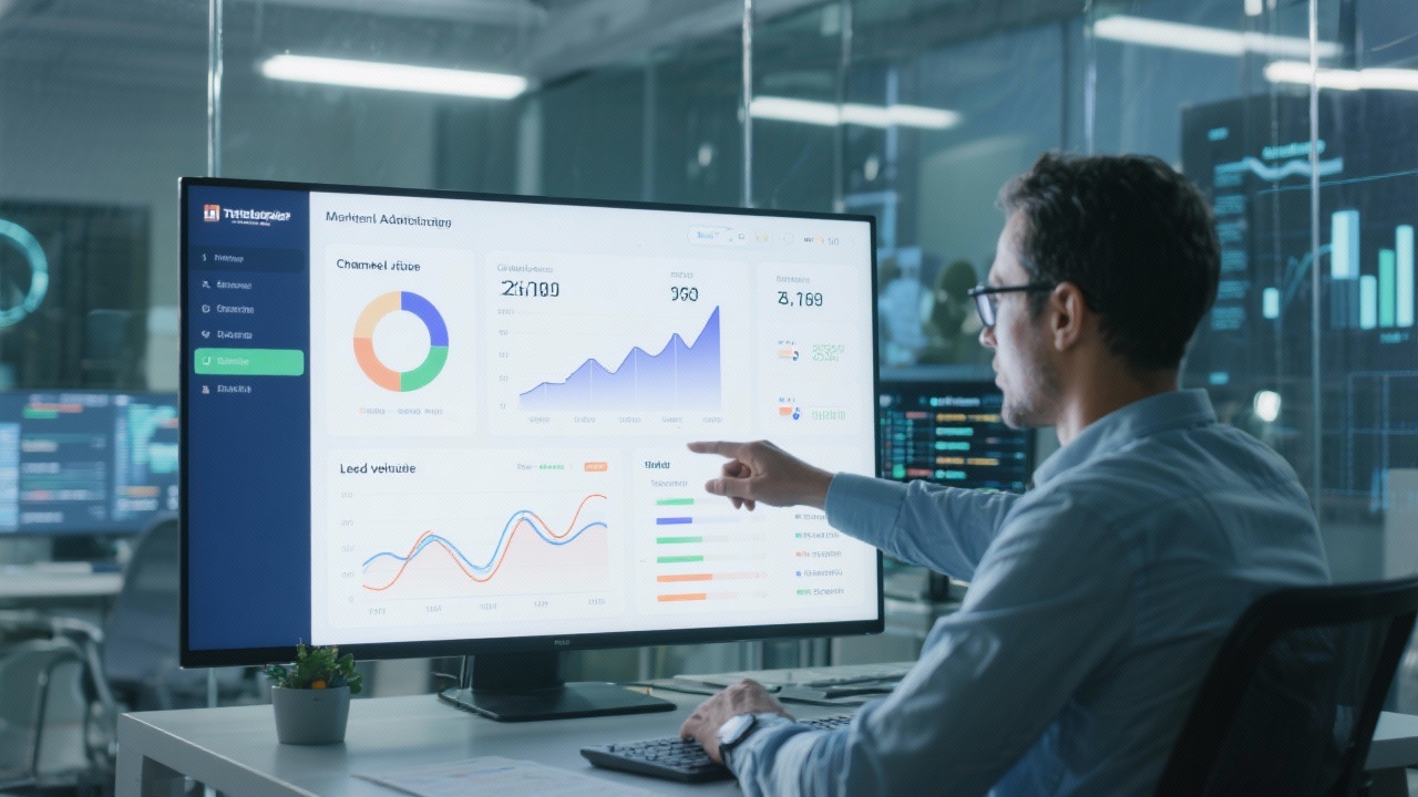 Analyst updating marketing performance dashboard showing channel attribution, lead velocity charts, and retention figures for Dutch SMEs inside glass-walled analytics room.