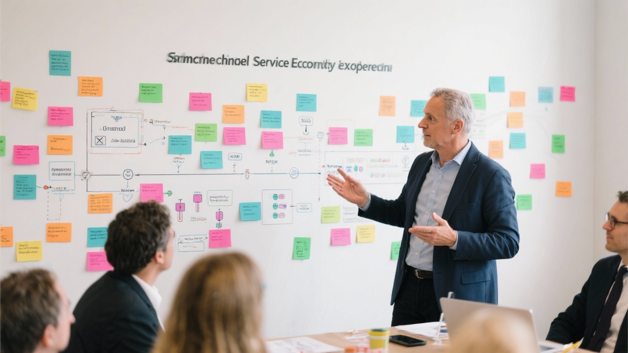 Senior consultant facilitating stakeholder alignment workshop using service blueprint wall covered with colored cards mapping brand touchpoints across omnichannel ecosystem experience.