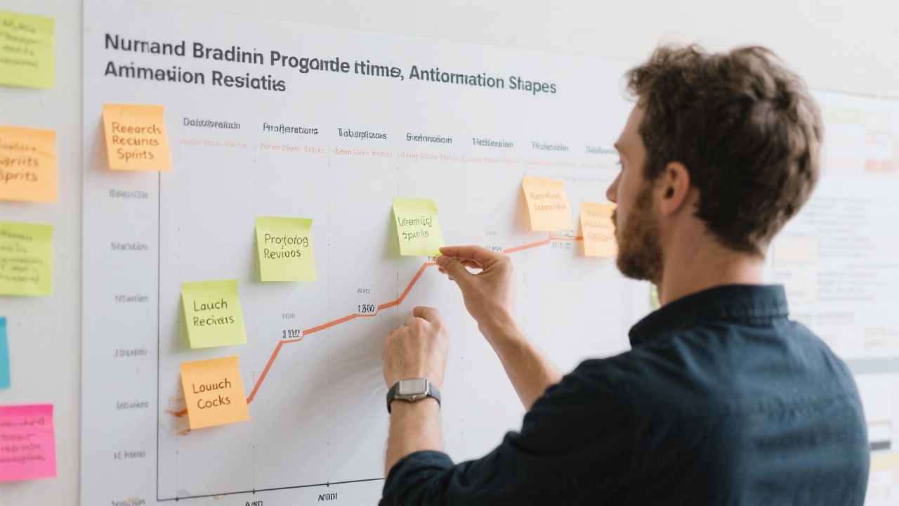 Project manager updating milestone chart with post-its marking research sprints, prototype reviews, and launch checkpoints for Dutch branding program timeline implementation phases.