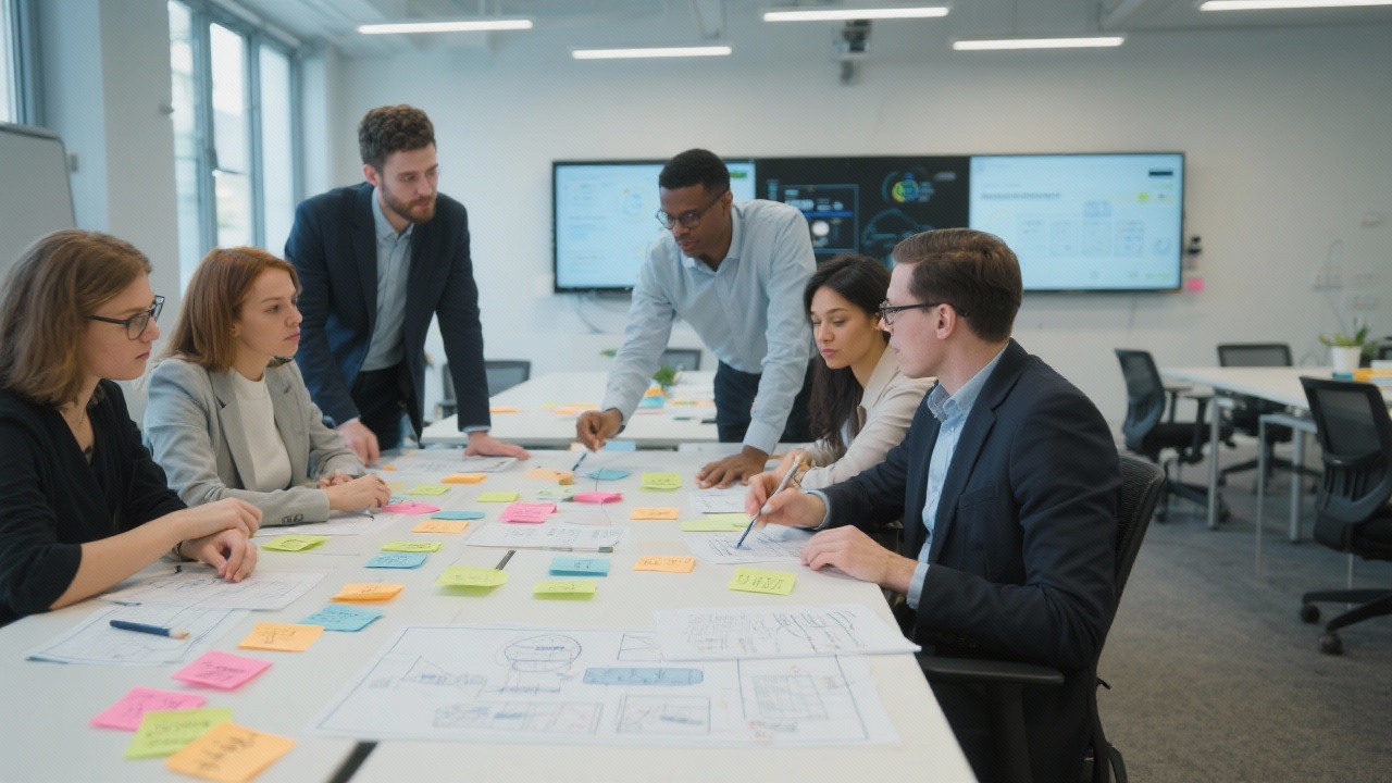 Group of marketing professionals prototyping brand narratives with sticky notes and service blueprints inside modern training facility equipped with digital collaboration tools.